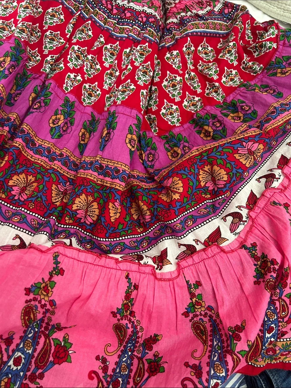 Bohemian Cotton Pink Floral Tiered Maxi Skirt size L ruched waist lined